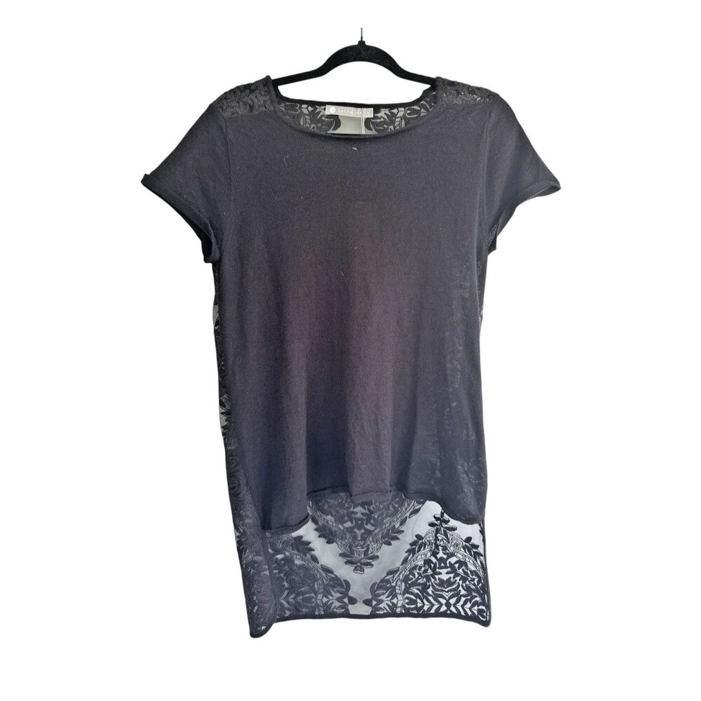 In Cashmere Black Short Sleeve High Low Sheer Lace Back Women's Top Large NWT